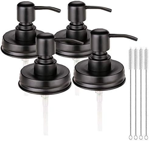 4 Pack Mason Jar Soap Dispenser Lids with Pumps, Rustproof Stainless Steel, Lotion Soap Dispenser Lids Replacement for 16 oz Regular Mouth Mason Jar Decor, 4 Brushes Included
