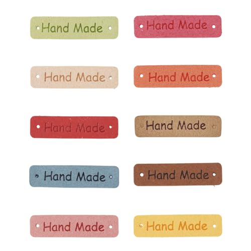Cheriswelry 50Pcs Microfiber Leather Labels - Rectangle Word Handmade Garment Sewing Embossed Crochet Tags - 10x39.5mm, 10 Colors for Jeans Bags Clothing Decoration