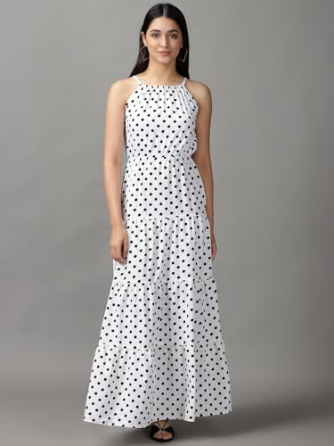 Image of SHOWOFFFF Women Printed Fit and Flare Casual Dress | Halter Neck Sleeveless Cotton Dress for Womens | Maxi Dress for Women's