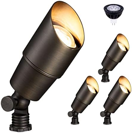 Gardenreet Brass Outdoor Landscape Lights, 12V AC/DC Low Voltage Christmas LED Spot Lights Fixture, IP65 Waterproof Garden Patio Tree Directional Up Light with 5W MR16 Bulb 2700K Warm White(4 Pack)