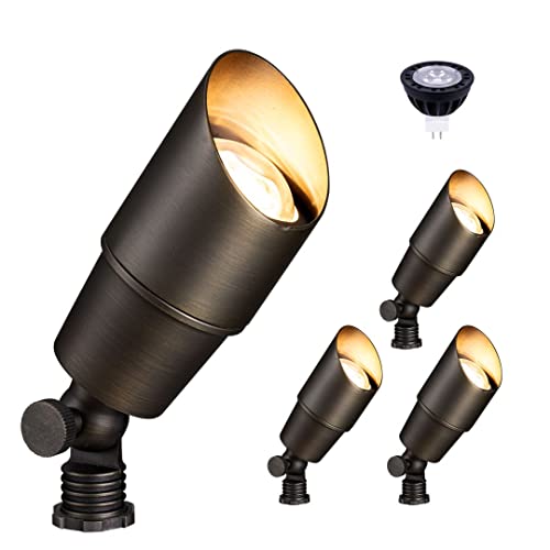Gardenreet Brass Outdoor Landscape Lights, 12V Ac/Dc Low Voltage Christmas Led Spot Lights Fixture, Ip65 Waterproof Garden Patio Tree Directional Up Light With 5W Mr16 Bulb 2700K Warm White(4 Pack) #TOP3