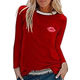 PRJN Ropa de Mujer Sudadera Mujer Labios Rojos Pullover con Estampado gráfico Tops Lindo Jersey de Manga Larga Patchwork Cuello Redondo Fino Blusa con Cuello Redondo Camiseta Elegante Corte Entallado