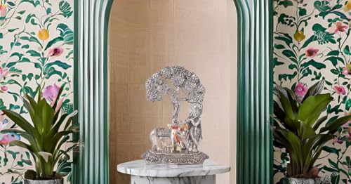 Image of Lavanaya Silver Lord Krishna with Cow Standing Under Tree Playing Flute Silver Plated Figurine (12x8x17cm), Floral