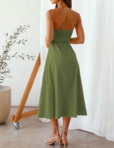 Image of Sexy Twist Front Strapless Sweetheart Neckline Midi Dresses for Women Smocked Cutout Tube Top Linen Dress Wedding Guest Olive