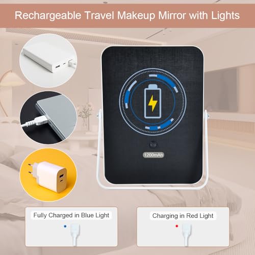 Rechargeable Vanity Mirror with Lights,Desk Makeup Mirror with Lights,Portable Travel for Makeup Desk & Dressing Room,3 Color Lighting, Dimmable Touch Screen