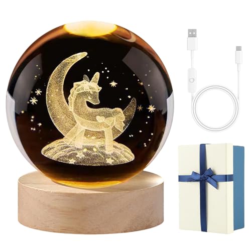 Chingde Lampada Sfera di Cristallo 3D, Unicorno Sfera di Cristallo, Lampada da Notte Ricarica USB, LED Palla di Vetro con Base in Legno per Bambini, Compleanno, Natale Regali (C)