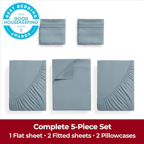 Image of Mellanni Extra Deep Split King Sheets - 5 PC Iconic Collection Bedding | Hotel Luxury, Ultra Soft, Cooling Bed Sheets - Wrinkle, Fade, Stain Resistant (Split King, Spa Blue)