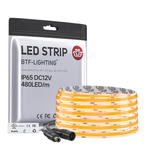 Image of BTF-LIGHTING FCOB IP65 Waterproof Orange Color COB LED Strip 16.4FT DC12V 480LED /m 8mm Width Flexible High Density CRI 90+ Dimmable LED Light for Home Indoor Decor(No Controller or Adapter)