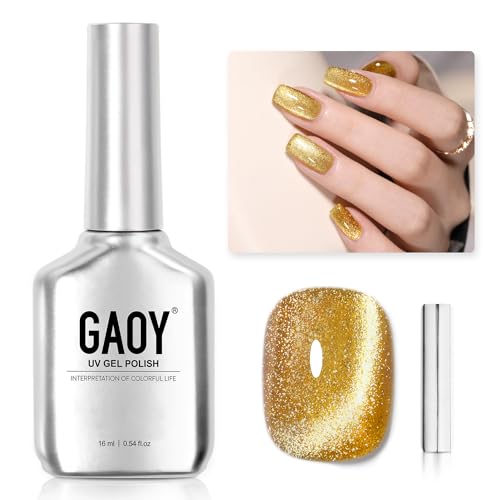 GAOY Gold Glassy Cat Eye Gel Nail Polish 16ml Glitter Holographic Nail Polish with Magnet Reflective Translucent UV Gel 2156 Dazzling Dawn