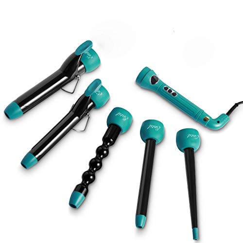 Entil 5 in 1 Curling Iron Wand Set with 5 Interchangeable Ceramic Barrels, 0.3-1.25 Inch Clip Dual Voltage, 3/4 Inch Clipless, Bubble, Pearl, Tapered Hair Curler for Women