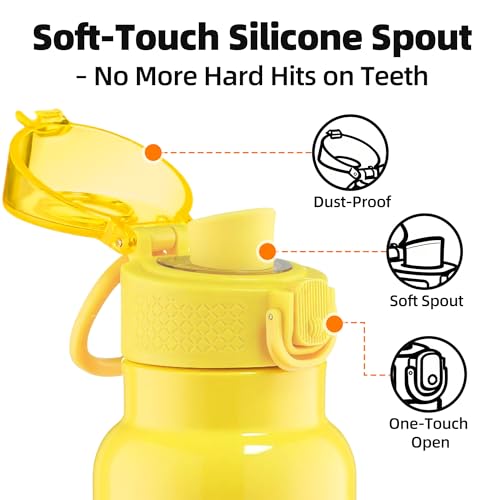 Image of Fanhaw 24 oz Insulated Water Bottle with Soft Silicone Spout Lid, Leakproof Stainless Steel Vacuum Bottle for School, Sports& Daily Use, Kids, Teens& Adults, Back to School Essentials (Bright Yellow)