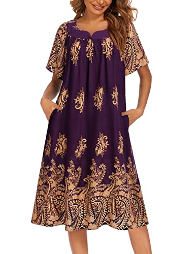 Image of Ekouaer Womens Nightgown Short Sleeve House Dress with Pockets-Floral Print Mumu Dress