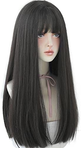 URCGTSA 22 Inches long Hair Wig for Women Black Synthetic Hair Natural Long Straight Wig With Bangs Party Cosplay Wig for Girl (Black brown)