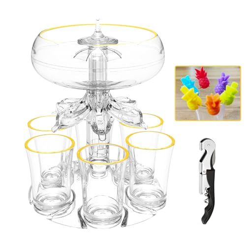 Wine Dispenser 6 Shot Glass Dispenser and Holder,Liquid Separator for Cocktail, Wine and Juice, College and Party Beverage Dispenser with Bottle Opener (Clear)