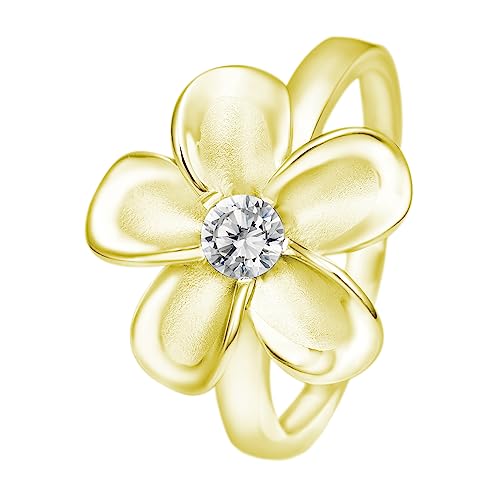 925 Sterling Silver 15mm Hawaiian Plumeria Flower Ring with Cubic Zirconia, 14K Gold Plated, Nickel Free Hypoallergenic for Sensitive Skin, Hawaii Island Jewelry, with Gift Box