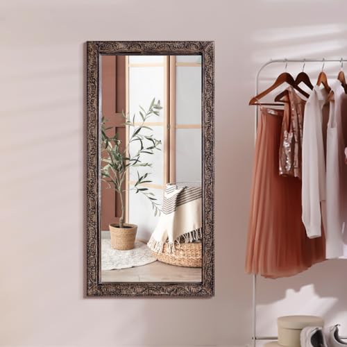 Image of Wooden Bathroom Wall Mirror,Solid Wood Frame -48x24x1.25 Burnt Brown