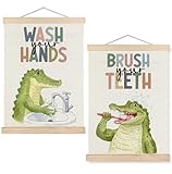 SPBL&L Funny Crocodile Bathroom Wall Art, Alligator Bathroom Poster Hanger Frame, Coastal Beach Animal Hanging Canvas Pictures Prints Wall Decor for Kids Bath Room Washroom, 12x16 Inch Set of 2
