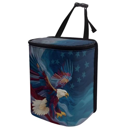Image of Talayituse Eagle American Flag Print Car Trash Bin, Large Size Auto Trash Can Adjustable Portable Garbage Can with Lid, Vehicle Hanging Bag for Headrest Front Back Seat 4th of July Decor