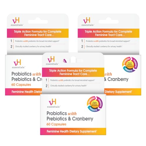 vH essentials Probiotics for Women with Prebiotics, Cranberry & Vitamin C - 180 Capsules (90 Day Supply) - Vaginal Probiotics Support Gut Balance, Vaginal Health & Urinary Tract Health for Women