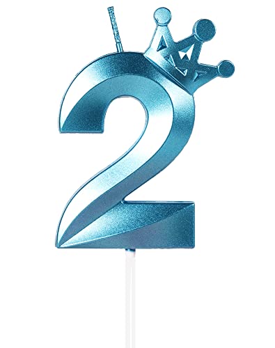 Bougies pour 2 anniversaire, 3D bougie d'anniversaire pour gâteau avec Couronne Bougies Chiffres Anniversaire Bougies d'Anniversaire pour Anniversaire Fêtes (Bleu, 2)