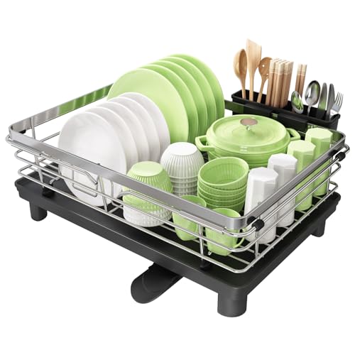 MAJALiS 水切りラック ミズキリラック 食器 ステンレス スリム シンク上 シンク内 伸縮式水切りかご 乾燥ラック 水切りかご 食器乾燥棚 304ステンレス製 自動排水 大容量 錆び防止 高耐荷重 水切りボード付き シルバー