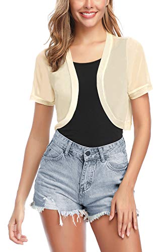 Aranmei Women Short Sleeve Shrug Sheer Chiffon Open Front Cropped Bolero Cardigan (Beige Small)