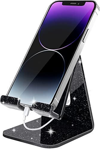 Image of Crpich Acrylic Cell Phone Stand, Portable Phone Holder, Phone Stand for Desk, Compatible with Phone16 15 14 13 12 Pro Max Mini 11 Xr 8 Plus SE, Switch, Android Smartphone, Pad, Tablet, Glitter Black