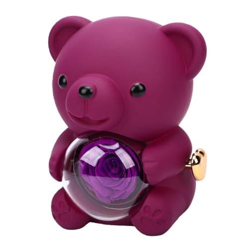 Riuulity Adorable Oso con Rosa Preservada, Flor, Caja Giratoria con Compartimento Oculto para Joyas, Regalo Ideal para Esposa, Madre, Novia, Aniversario o cumpleaños. (Purple)
