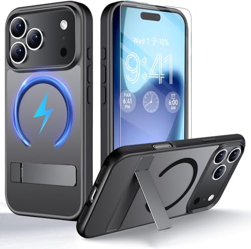 Magnetic for Phone 17 Pro Max Case with Kickstand [with Screen Protector] Wireless Charging, Hidden Kickstand, Anti-Fingerprint Shockproof Protective Cover, Phone Case with Stand Black