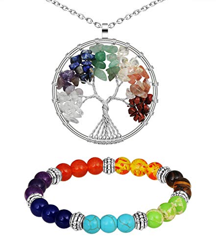 MicVivien Natural Raíz Siete Chakra Pulsera + Collar Mujer árbol de la Vida Colgante Collar de Cobre Chakra Piedra Preciosa Collar de Amatista Colgante Collar para Unisex Hombre Mujer