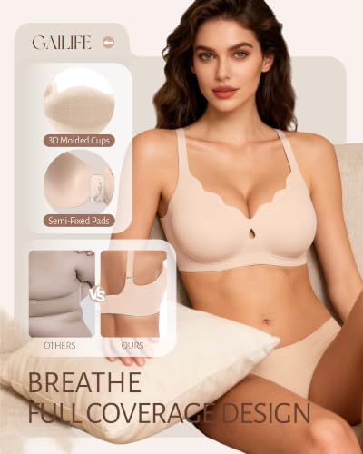 Gailife Womens Jelly Bra for Women Wireless Bras Seamless No Underwire Supportive Full Coverage T-Shirt Bra Scalloped Skin XL - 4