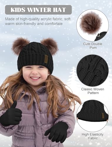 Senker Fashion Winter Beanie Kids Hat and Gloves Set for Girls Boys Toddler Pompom Knit Fleece Lined for Cold Weather2