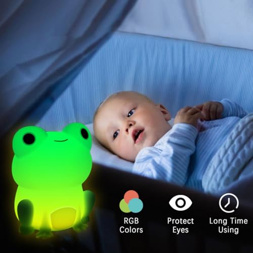 Image of Cute Frog Night Light for Kids, Color Changeable Soft Silicone Sleeping Night Lamp for Nursery, Dimmable Timer Rechargeable Colorful Baby's Light Room Decor Children Gifts