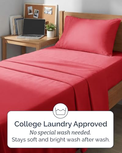 Image of Twin XL 4 Piece Sheet Set - College Dorm Room Essentials - Red | Ultra Soft Dorm Bedding Set, 8 inch to 16 inch Inch Deep Pockets, 1 Flat & 1 Fitted Sheet & 2 Pillowcases, Wrinkle & Fade Free