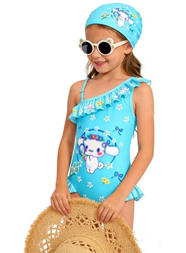 ATTRAYENT Girls One Piece Swimsuit Kids Fashion Ruffle Swimwear Summer Beach Bathing Suit 5-12 Years Blue