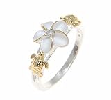 Arthur's Jewelry Sterling silver 925 Hawaiian plumeria flower cz turtle ring 2 tone yellow gold plated size 7