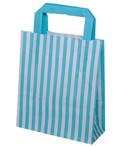 100 x Aqua Blue Candy Stripe Flat Handle Bag - Birthday Party Paper Gift Bags Size- 22x18x8cm