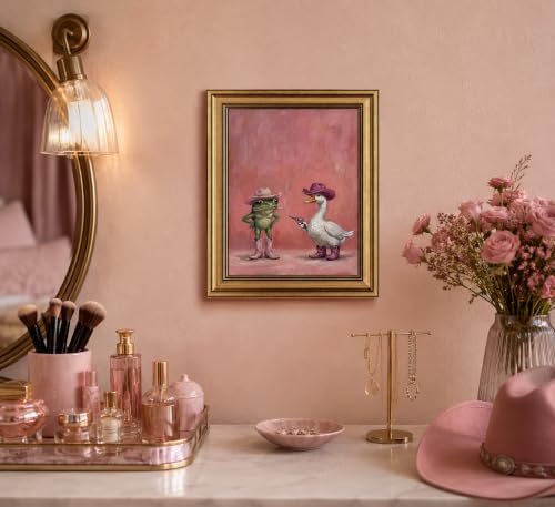 Image of Gold Framed 3D Textured Wall Art, Funny Pink Cowboy Frog and Duck Canvas Prints, Quirky Dopamine Western Animal Pictures Decor, Eclectic Cowgirl Artwork for Bathroom Dorm Bedroom 16x24inch