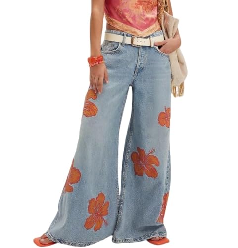 CHARTOU Women Floral Print Denim Wide Leg Pants Casual Loose High Waist Flared Baggy Jeans with Pockets