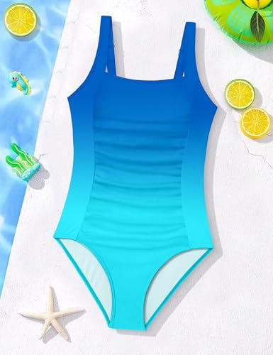 Image of Girl Swimsuit One Piece Bathing Suit for Girls Florals Print Ruched Adjustable Straps Padded Swimwear 9-18y
