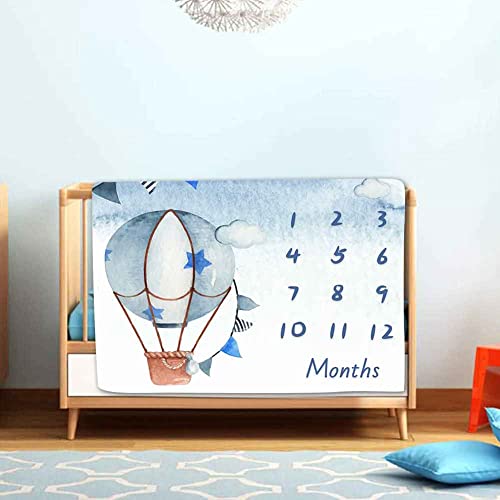 Image of Blue Baby Monthly Milestone Blanket, Cartoon Hot Air Balloon Star Newborn Photo Blanket, 48x40 Inches