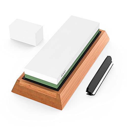 Michark Knife Sharpening Stone Set 1000/6000 2 Side Whetstone Knife Sharpener Wet Stone Sharpening Kit with Non Slip Bamboo Base & Angle Guide & Flattening Stone Kitchen Waterstone