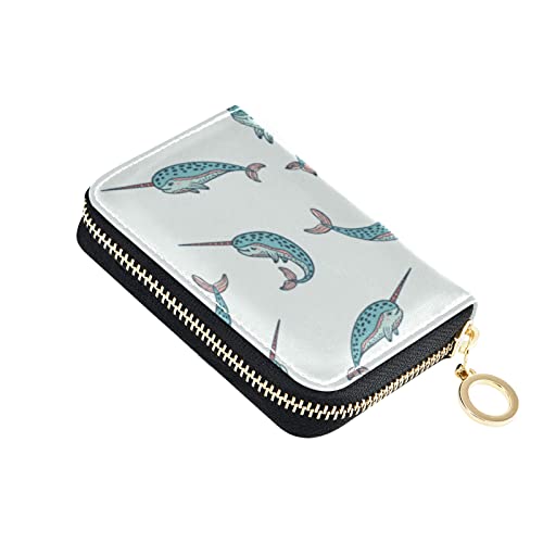 OTVEE Cute Narwhals RFID Credit Card Wallet, Microfiber Leather Zipper Card Case Holder for Women
