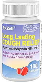 RXZELL Adult Cough Relief, Dextromethorphan HBr 15mg (100 Softgels), 8 Hour Long Lasting, Non-Drowsy, Cough/Bronchial Suppressant