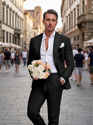 Image of Men's Linen Suit 2 Piece Slim Fit Summer Beach Wedding Prom Party | Breathable,Linen Blazer Suit Set,for Beach Weddings,Groom Wear,Prom and Outdoor Parties,Business Casual,Vacation Daily Wear