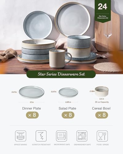 Image of Famiware Star 24-Piece Plates and Bowls Set with Trim, Service for 8 - Stoneware Reactive Glaze Dinnerware, High Edge Ribbed Dishes, Chip & Scratch Resistant, Microwave & Dishwasher Safe, White & Blue