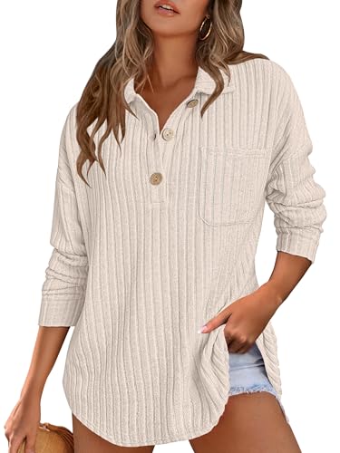 ANRABESS Women Long Sleeve Henley Shirts Ribbed Knit Lightweight Sweaters Business Casual Work Tops 2025 Fall Trendy Outfits