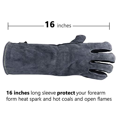 932°F Heat Resistant Welding Gloves 16 Inches Cowhide Leather - Long Sleeve And Insulated Lining Bbq Glove For Tig Welder/Mig/Grill/Barbecue/Green Egg/Stove Black-Gray #TOP2