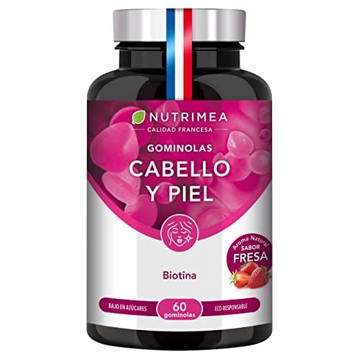 Gominolas de Biotina Veganas | Cabello, Piel y Uñas | Con Zinc, Selenio, Vitamina C y B6 | Sin Azúcar · Sabor Fresa · 60 Gummies | Fabricado en Francia | Nutrimea