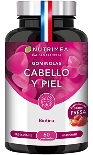 Gominolas para el Pelo y Uñas - Fortalece Cabello - Calidad de la piel - Con Biotina Zinc y Vitamina C - Sabor Fresa - 60 Gummies Veganas bajas en Azúcar - Fabricadas en Francia - Nutrimea